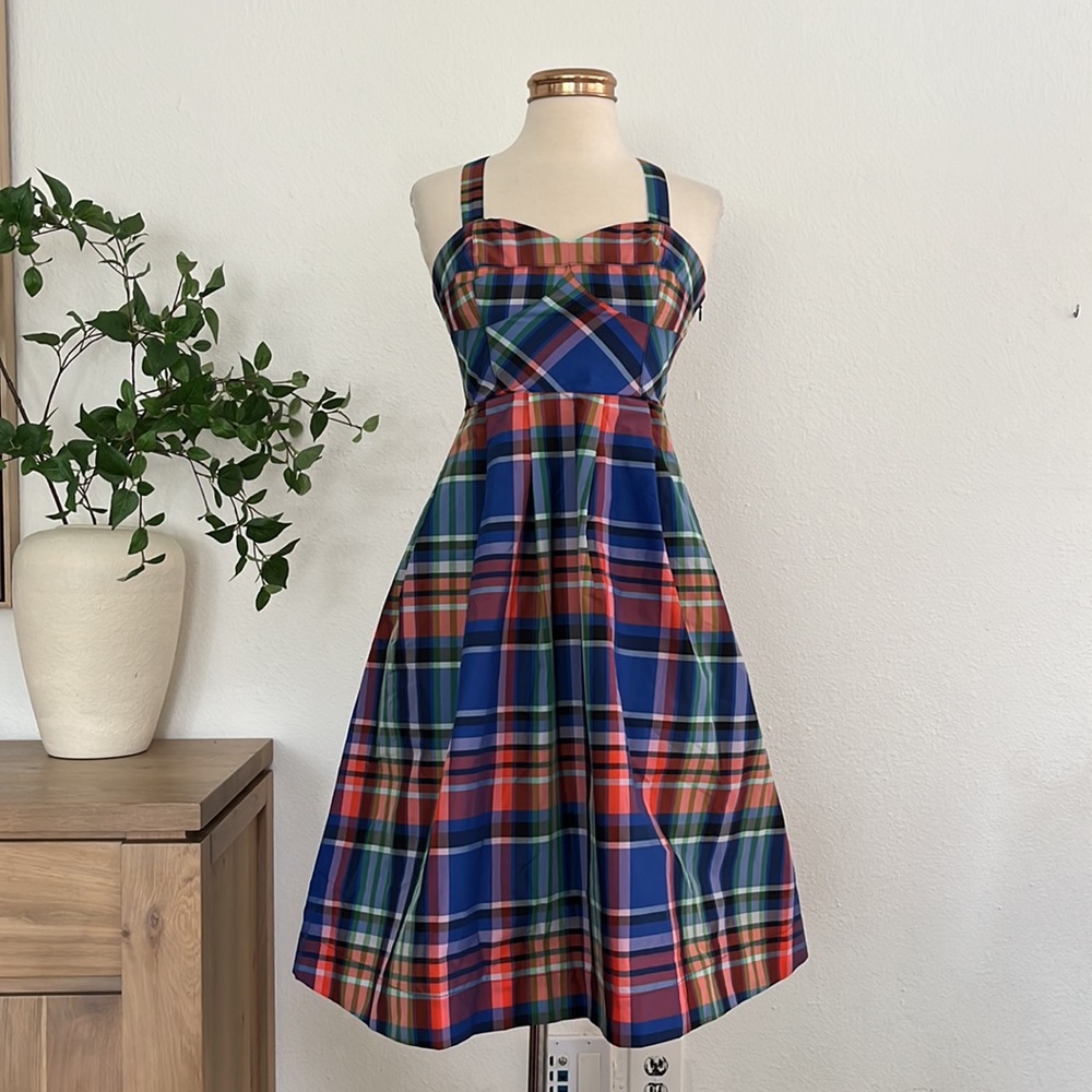 Anthropologie Maeve Plaid A-Line Silk Blend Mini Retro Dress - Picture 4 of 11